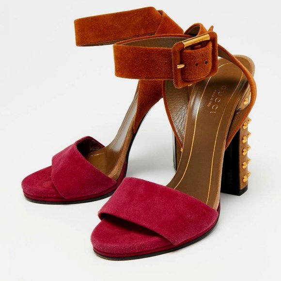 Gucci Shoes - Gucci Tricolor Suede Madison Studded Block Heel Ankle-Strap Sandals Size 39